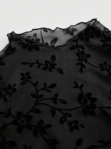 GineInkCreations Elegant Black Floral Lace Bell Sleeve Sheer Crop Top