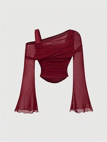 GineInkCreations Elegant Burgundy One-Shoulder Mesh Bell Sleeve Top