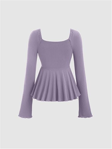 GineInkCreations Elegant Lavender Ruched Peplum Bell Sleeve Top