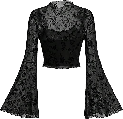 GineInkCreations Elegant Black Floral Lace Bell Sleeve Sheer Crop Top