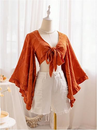 GineInkCreations Elegant Rust Floral Tie-Front Bell Sleeve Crop Top