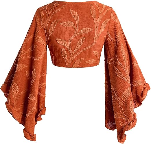 GineInkCreations Elegant Rust Floral Tie-Front Bell Sleeve Crop Top