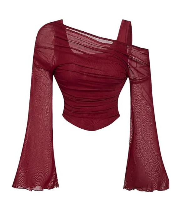 GineInkCreations Elegant Burgundy One-Shoulder Mesh Bell Sleeve Top