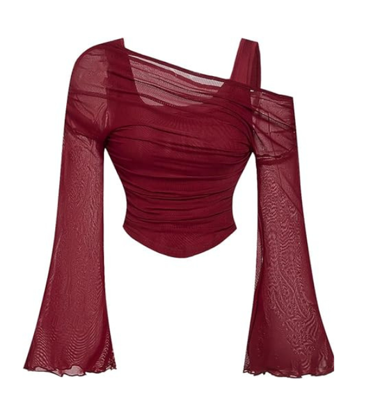 GineInkCreations Elegant Burgundy One-Shoulder Mesh Bell Sleeve Top