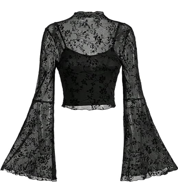 GineInkCreations Elegant Black Floral Lace Bell Sleeve Sheer Crop Top