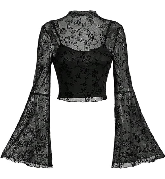 GineInkCreations Elegant Black Floral Lace Bell Sleeve Sheer Crop Top
