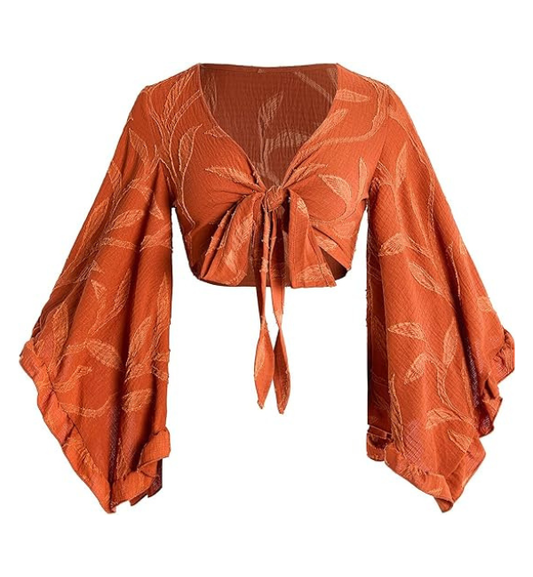GineInkCreations Elegant Rust Floral Tie-Front Bell Sleeve Crop Top