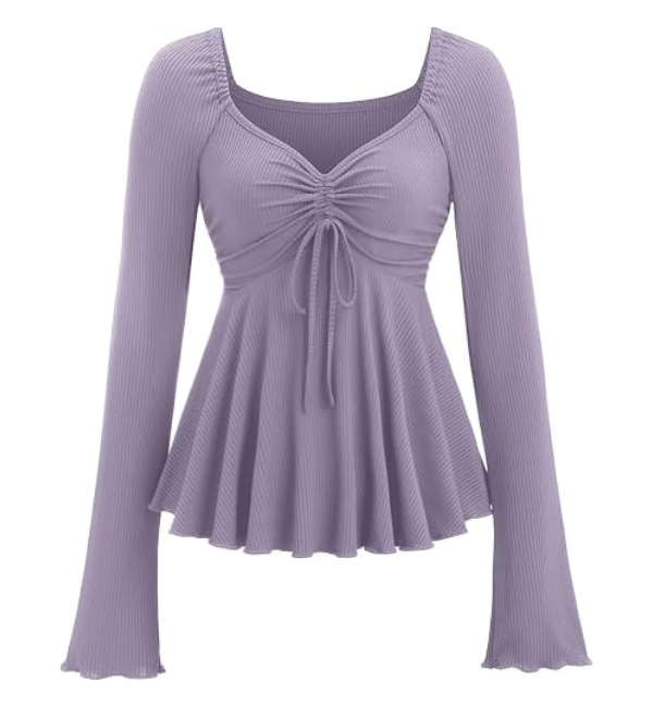 GineInkCreations Elegant Lavender Ruched Peplum Bell Sleeve Top