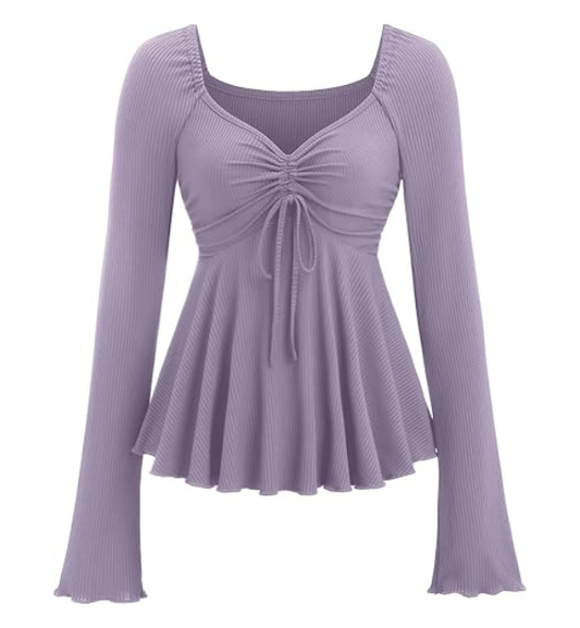 GineInkCreations Elegant Lavender Ruched Peplum Bell Sleeve Top