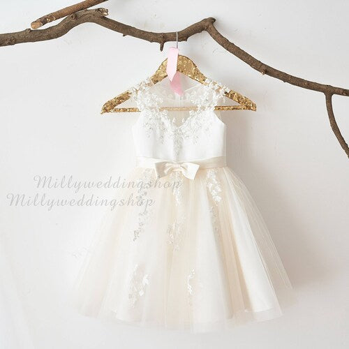Illusion Sheer Lace Flower Girl Dress