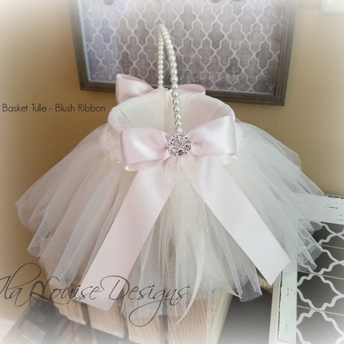 Elegant Tulle Flower Girl Basket – Satin & Pearl Handle