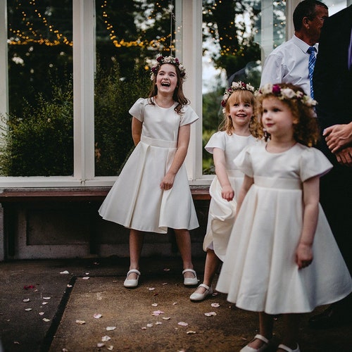 Elegant Satin Flower Girl Dress – Simple Light Ivory Wedding Dress with Sash