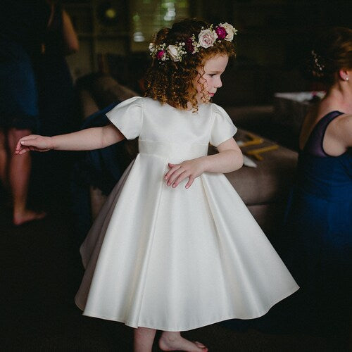 Elegant Satin Flower Girl Dress – Simple Light Ivory Wedding Dress with Sash