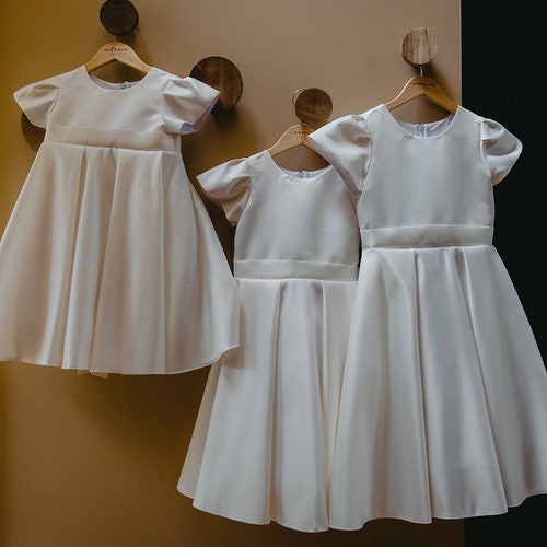 Elegant Satin Flower Girl Dress – Simple Light Ivory Wedding Dress with Sash