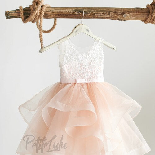 Ivory Flower Girl Dress with Beaded Lace, Satin, Tulle & Organza – Princess Floor-Length Ball Gown