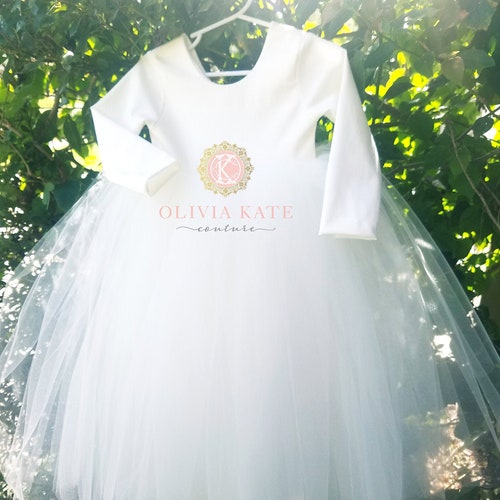 Handmade Ivory Flower Girl Dress with Long Sleeves & Tulle Skirt