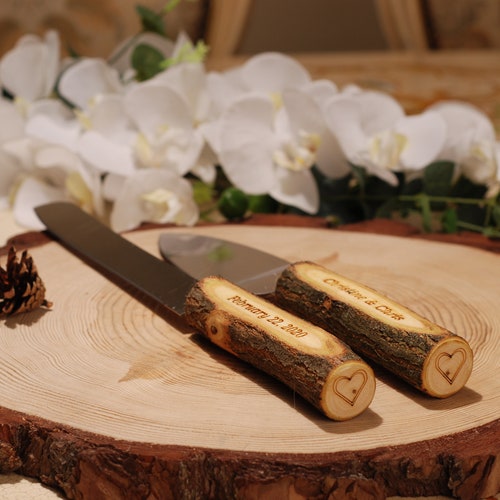 Rustic Personalized Wedding Cake Knife & Server Set with Optional Wooden Box