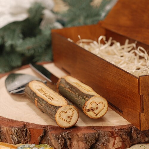 Rustic Personalized Wedding Cake Knife & Server Set with Optional Wooden Box