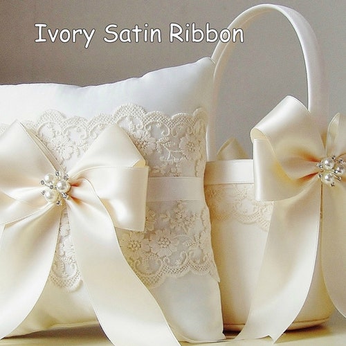 Ivory Flower Girl Basket & Ring Bearer Pillow Set