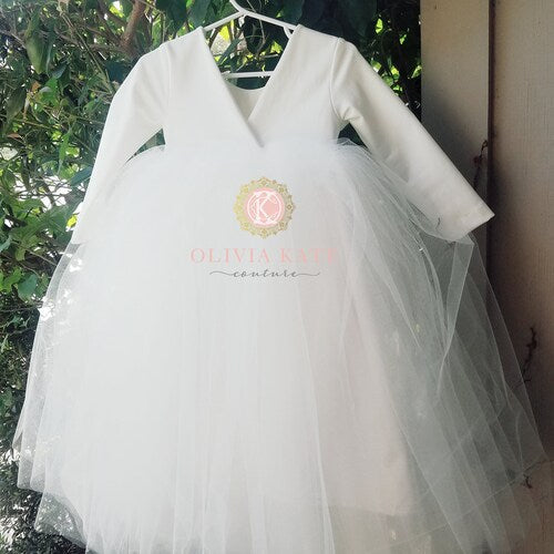 Handmade Ivory Flower Girl Dress with Long Sleeves & Tulle Skirt