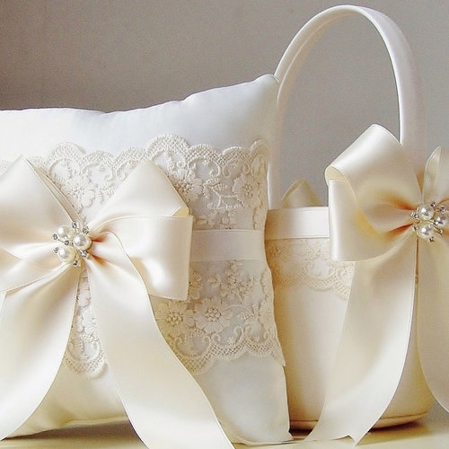 Ivory Flower Girl Basket & Ring Bearer Pillow Set | Lace & Pearl Accent