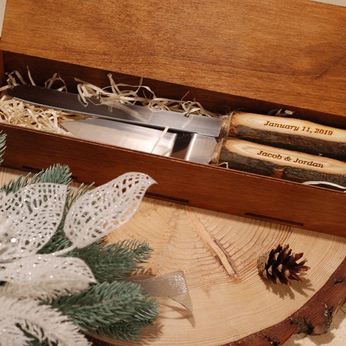 Rustic Personalized Wedding Cake Knife & Server Set with Optional Wooden Box