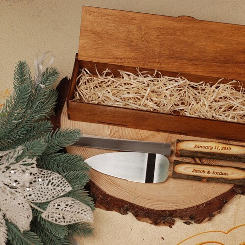 Rustic Personalized Wedding Cake Knife & Server Set with Optional Wooden Box