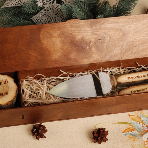 Rustic Personalized Wedding Cake Knife & Server Set with Optional Wooden Box
