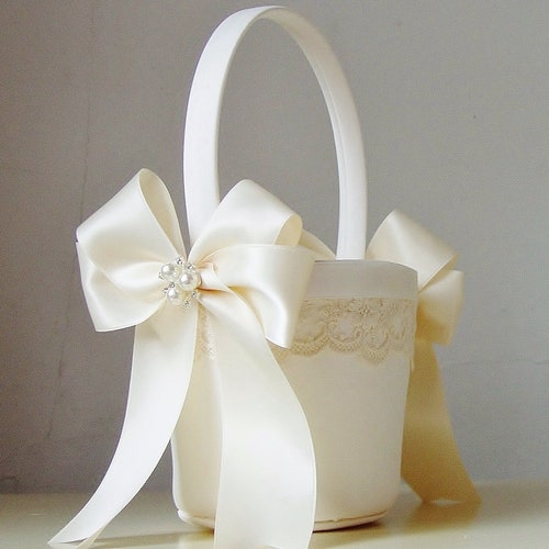 Ivory Flower Girl Basket & Ring Bearer Pillow Set | Lace & Pearl Accent