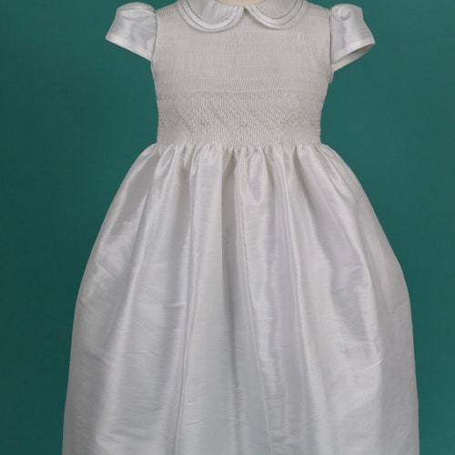 White Shantung Smocked Flower Girl Dress with Petticoat and Headpiece
