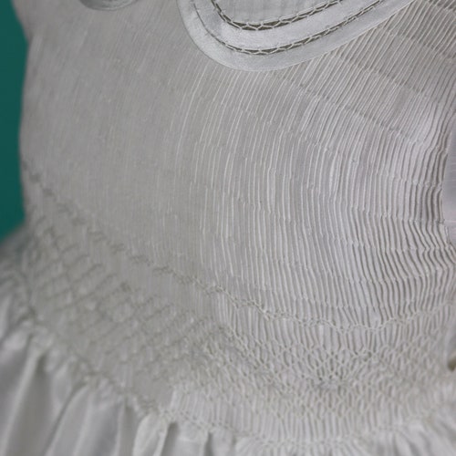 White Shantung Smocked Flower Girl Dress with Petticoat and Headpiece