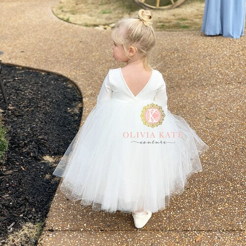 Handmade Ivory Flower Girl Dress with Long Sleeves & Tulle Skirt
