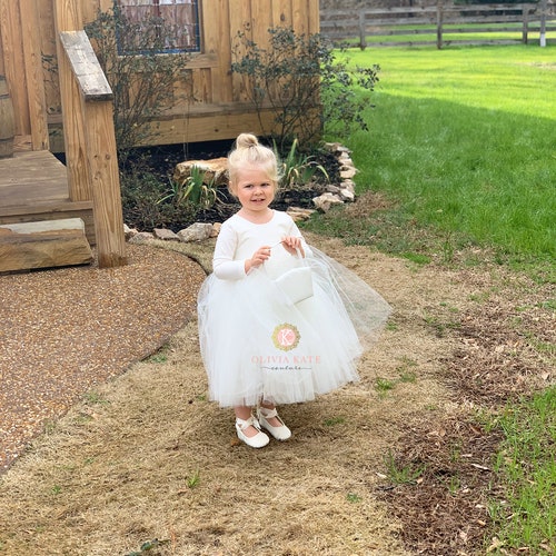 Handmade Ivory Flower Girl Dress with Long Sleeves & Tulle Skirt