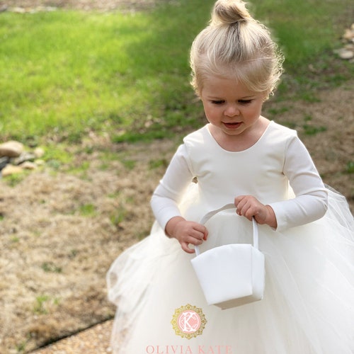 Handmade Ivory Flower Girl Dress with Long Sleeves & Tulle Skirt