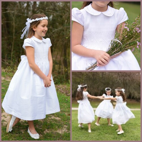 White Shantung Smocked Flower Girl Dress with Petticoat and Headpiece