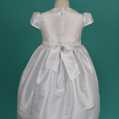 White Shantung Smocked Flower Girl Dress with Petticoat and Headpiece