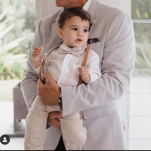 Boys White & Beige Linen Set with Suspenders, Bow Tie, and Optional Accessories