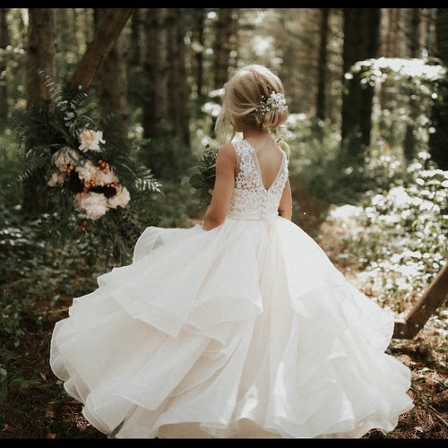 Ivory Flower Girl Dress with Beaded Lace, Satin, Tulle & Organza – Princess Floor-Length Ball Gown