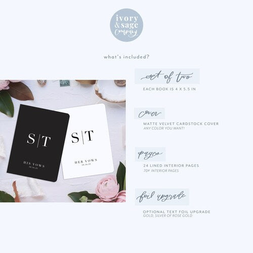 Custom Modern Wedding Vow Books – Set of 2 with Real Gold Foil