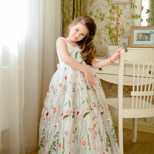 Boho Flower Girl Dress with Open Back, Embroidered Tulle Tutu