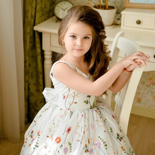 Boho Flower Girl Dress with Open Back, Embroidered Tulle Tutu