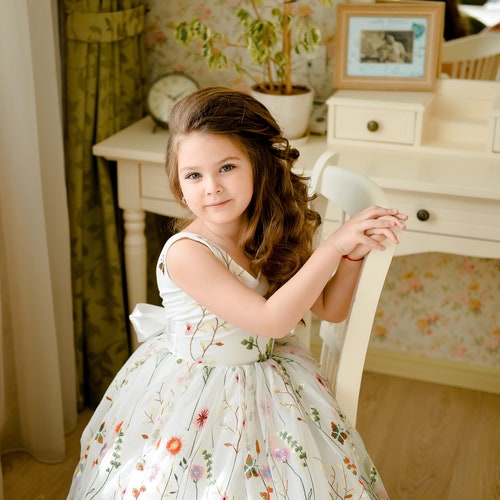 Boho Flower Girl Dress with Open Back, Embroidered Tulle Tutu