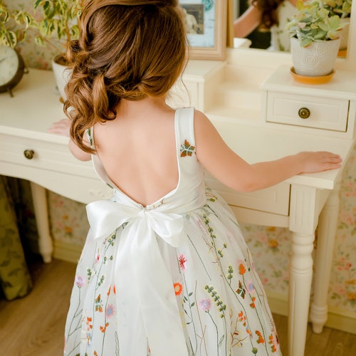 Boho Flower Girl Dress with Open Back, Embroidered Tulle Tutu