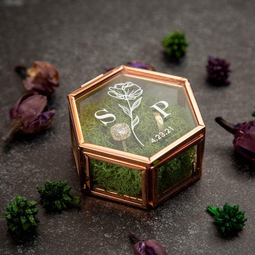 Personalized Hexagon Glass Ring Box with Moss | Gold or Rose Gold
