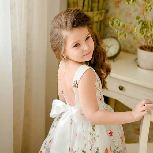 Boho Flower Girl Dress with Open Back, Embroidered Tulle Tutu