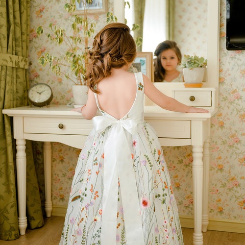 Boho Flower Girl Dress with Open Back, Embroidered Tulle Tutu