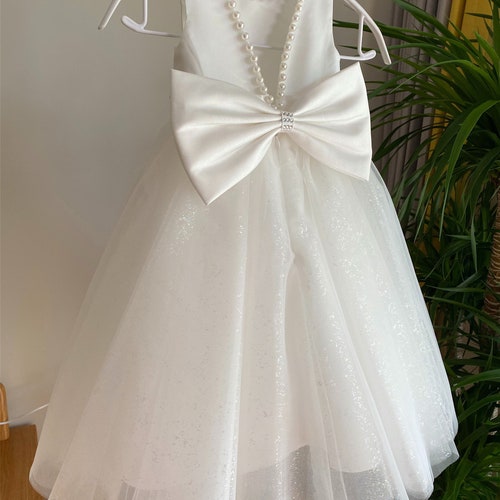Glitter Off-White Flower Girl Dress with Pearls & V-Back