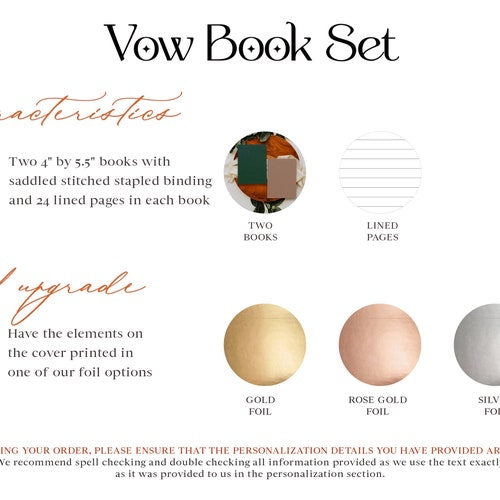 Personalized Wedding Vow Books – His & Her Vow Book Set, Gold Foil Custom Vow Renewals