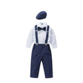 Navy & Black 4/5-Piece Linen Blend Suit Set for Boys with Bow Tie, Braces, and Hat