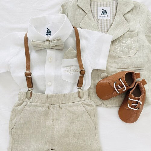 Boys White & Beige Linen Set with Suspenders, Bow Tie, and Optional Accessories